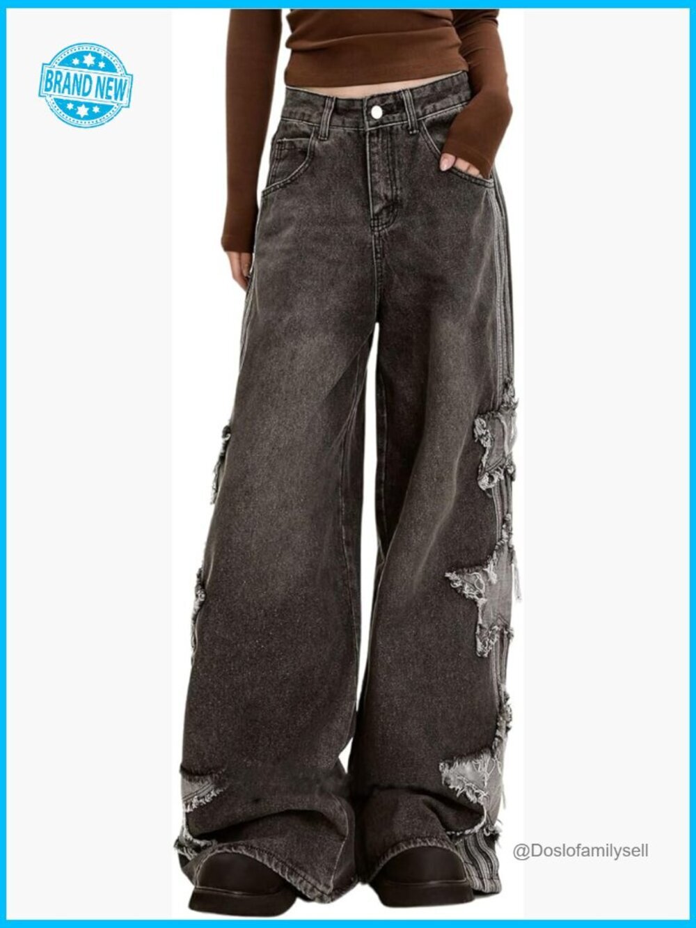 Womens Baggy High Waisted Wide Leg Star Jeans Grunge Y2K Pants
